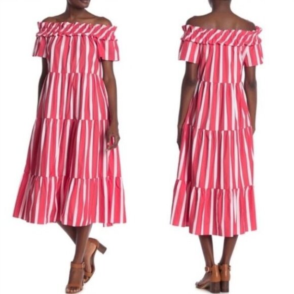 Trina Turk Cattleya Off The Shoulder Coral/White Striped Tiered Dress Size Small - Picture 1 of 10